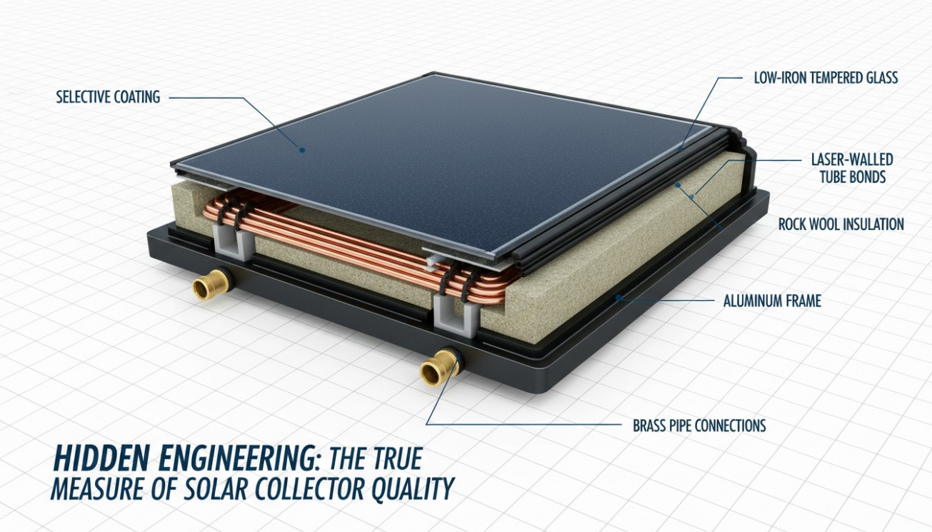 Flat plate solar collector cross-section showing selective coating, low-iron tempered glass, tube bonds, rock wool insulation, aluminum frame, and brass pipe connections